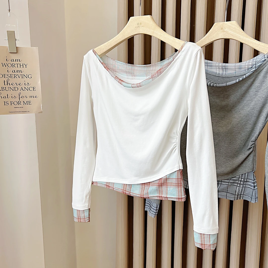 假两件白色格纹拼接斜肩长袖t恤女2025新款春秋辣妹打底衫上衣潮