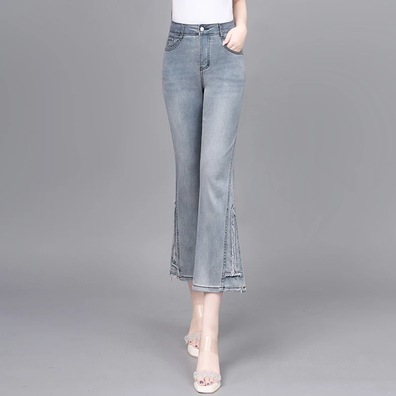 高腰显瘦弹力小个子女裤八九分裤夏季女牛仔裤小微喇叭修身喇叭裤