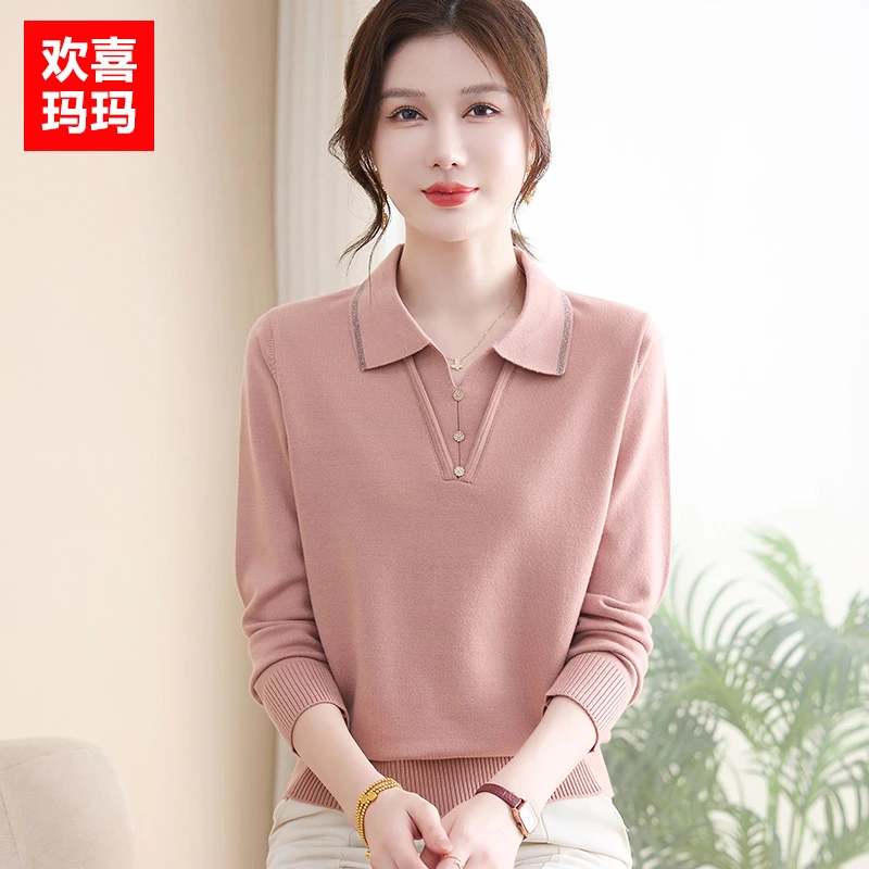洋气妈妈秋装针织打底衫中年女装新款翻领上衣中老年春秋毛衣气质