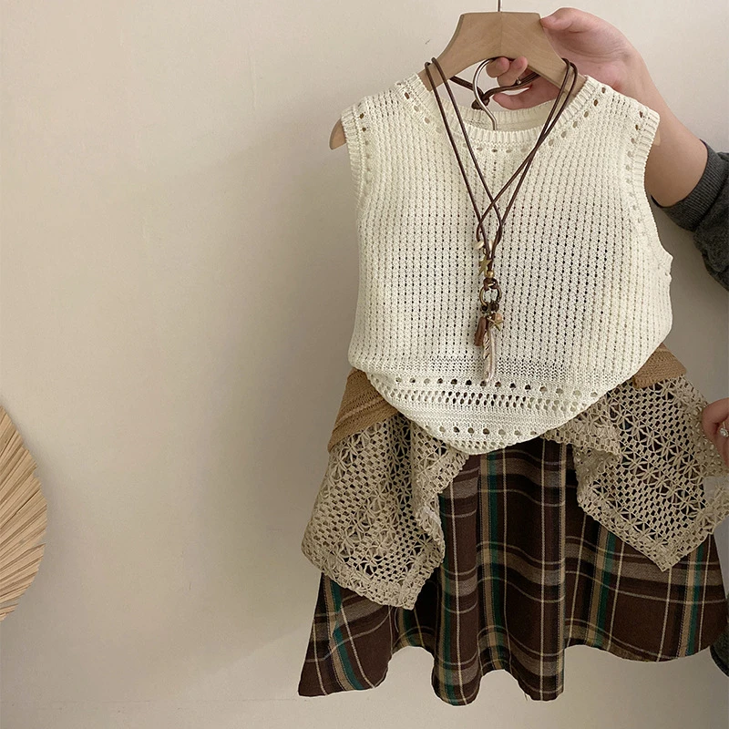 R25284女童夏季新镂空设计背心无袖上衣格子拼接民族风潮流半身裙