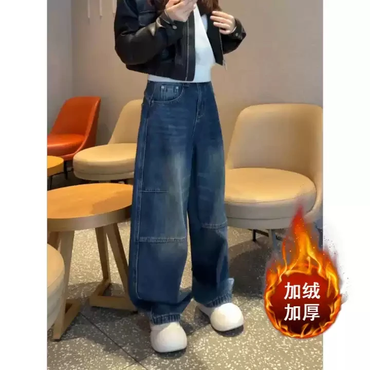 冬季新款复古洋气水洗做旧加绒设计欧美风遮肉显瘦高腰阔腿牛仔裤