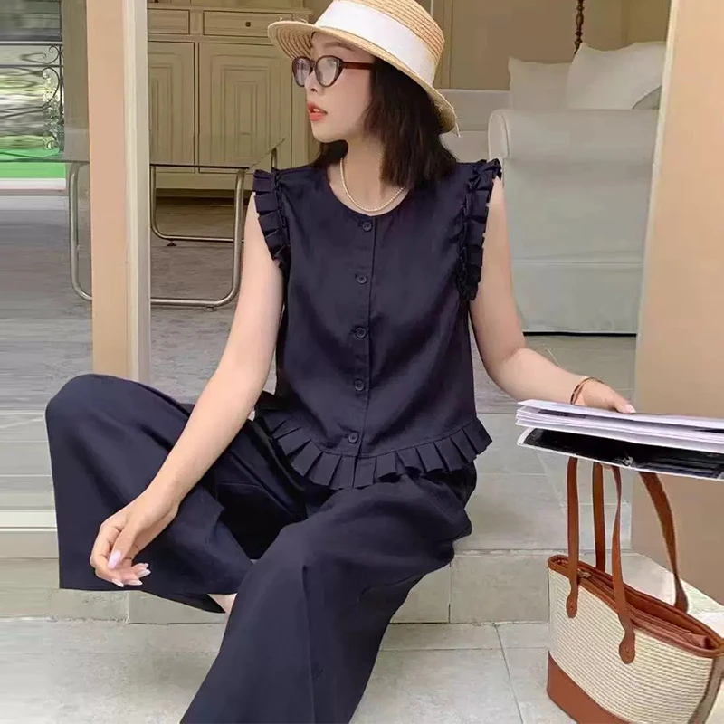 高级感时尚套装女2026夏季新款洋气显瘦减龄无袖上衣阔腿裤两件套