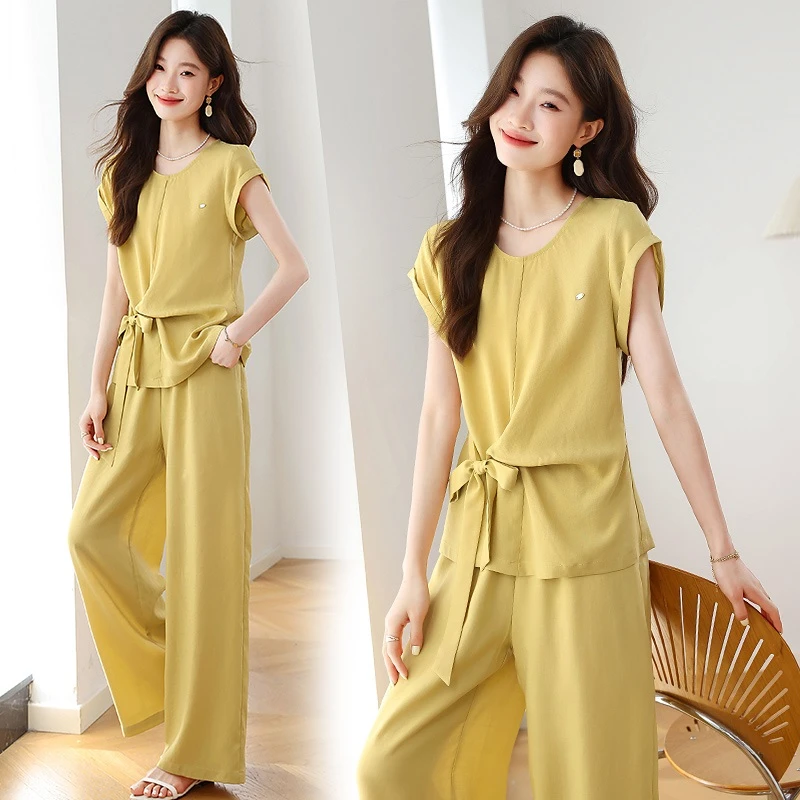 阔腿裤套装女夏季高级感时尚洋气时髦气质减龄显瘦收腰系带两件套
