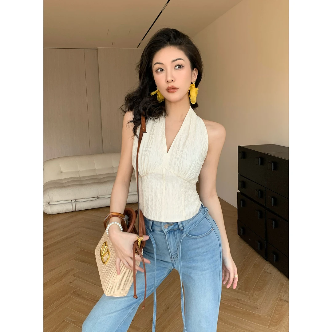 JIJINQI时尚纯欲辣妹风挂脖小众设计感显瘦吊带上衣 JD02SZPT1035