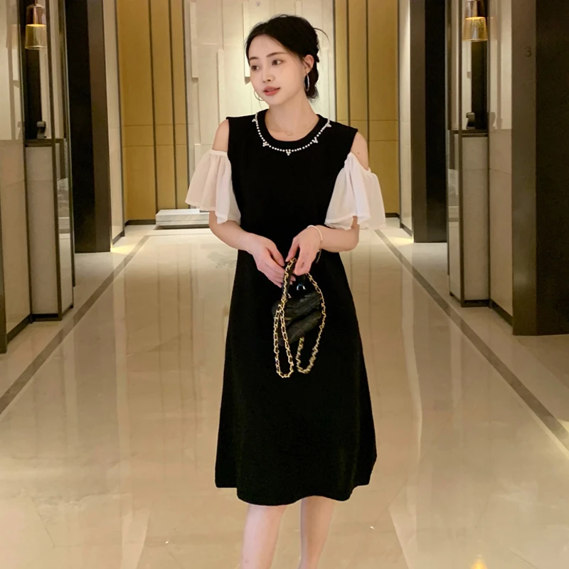 2025夏季新品赫本风小黑裙遮肉显瘦露肩拼接气质连衣裙女#616