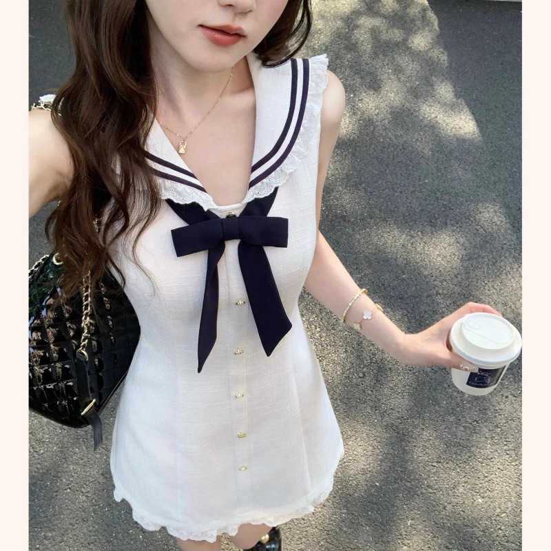 气质小香风领蝴蝶结短款女2025夏季小众学院风洋气韩版无袖裙子