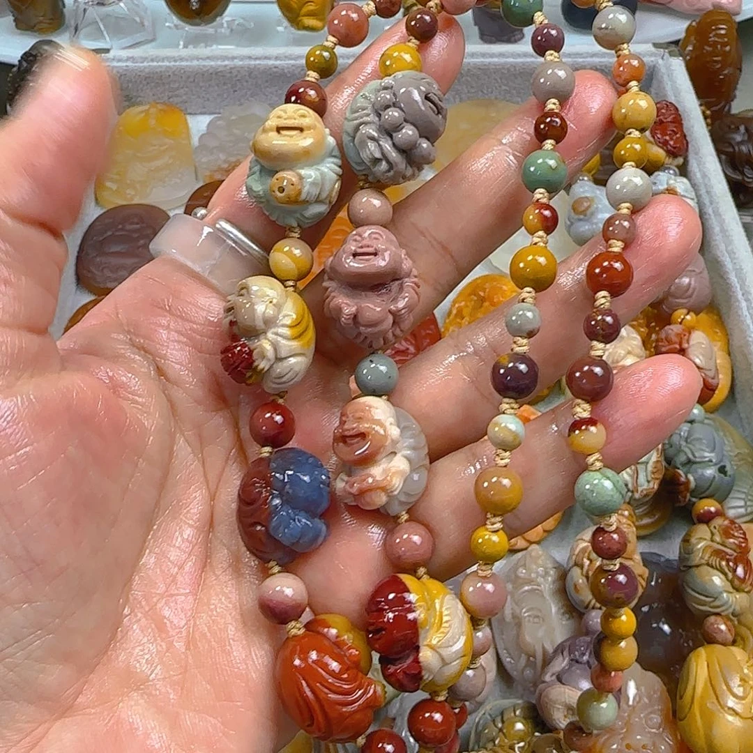 石英质玉1未镶嵌天然阿拉善彩玉纯手工雕刻八宝弥勒佛项链