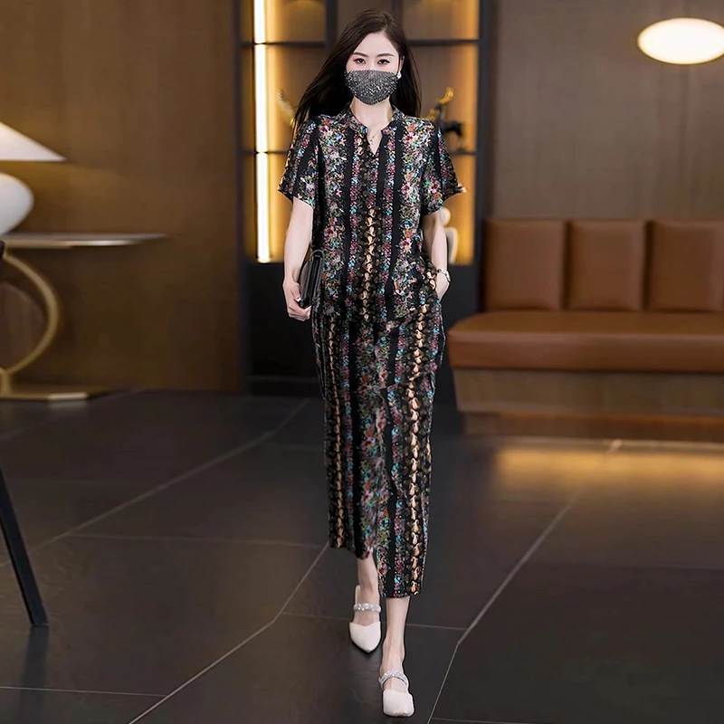 中老年九分裤时尚套装女2025夏装新款气质大码宽松洋气显瘦两件套