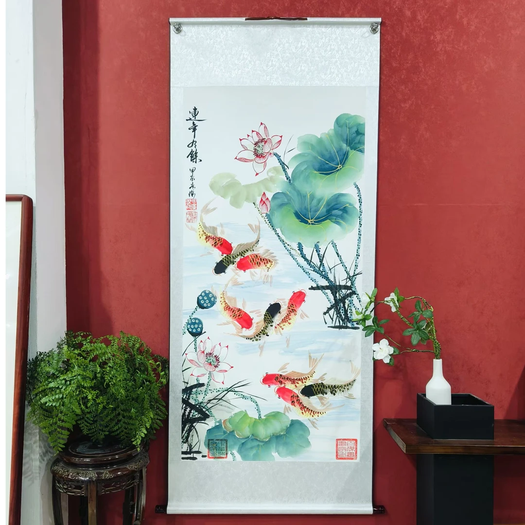 田广杰：《连年有余》九鱼竖幅 70*170厘米 软裱卷轴