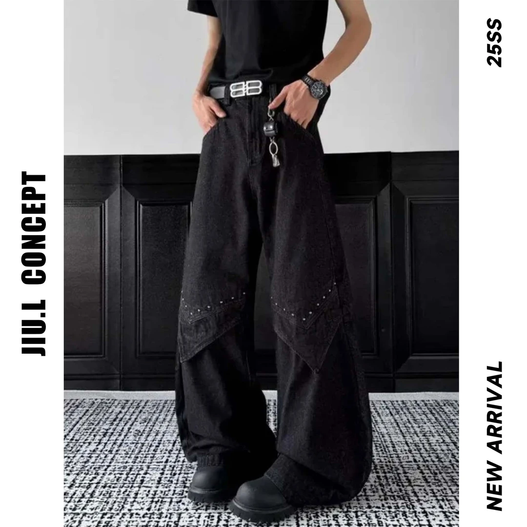 【断码清仓 无码不补】铆钉牛仔裤男女宽松阔腿弯刀原牛重磅牛仔裤