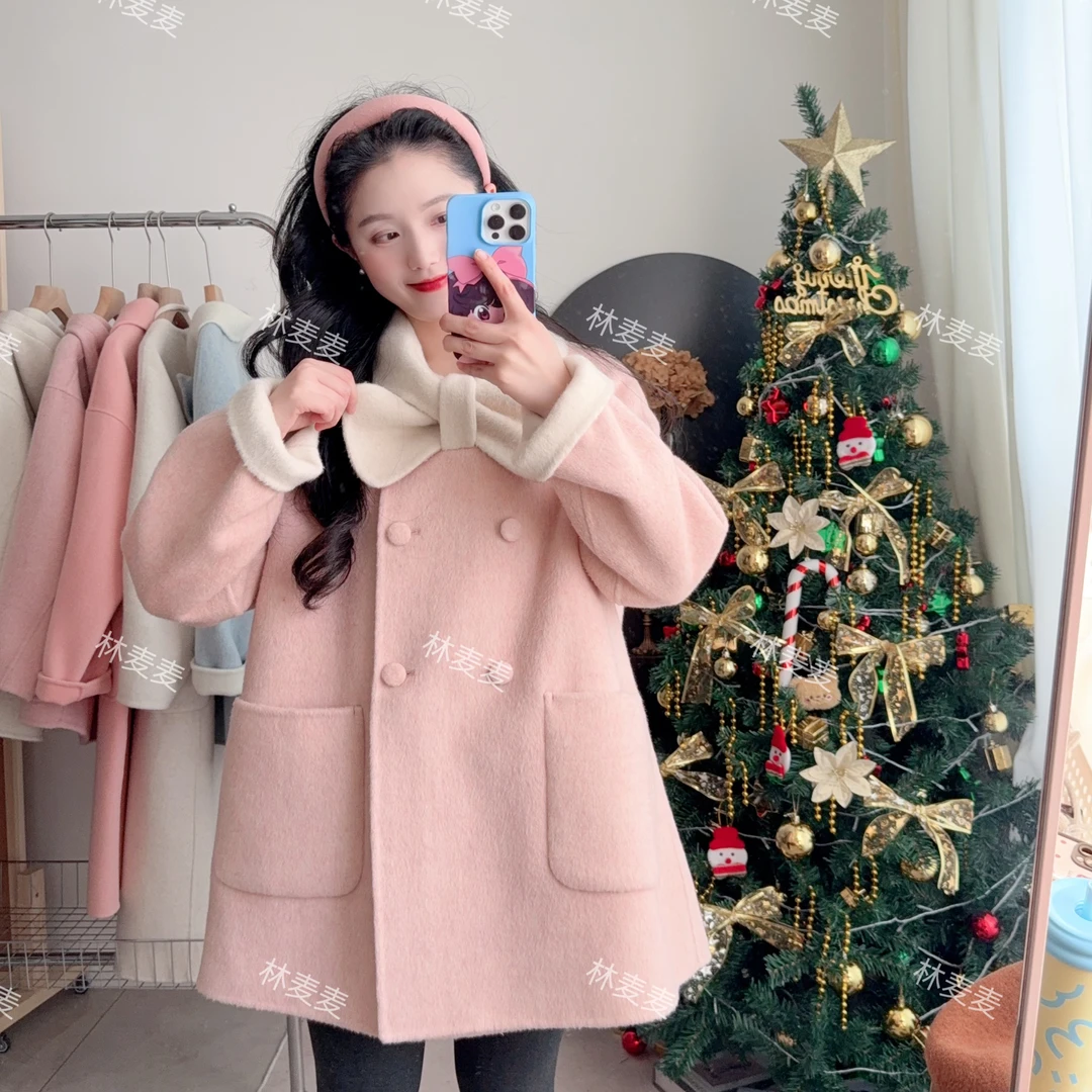 林麦麦【初雪】蝴蝶结甜美韩版双面呢大衣外套拼色女温柔双排扣新款