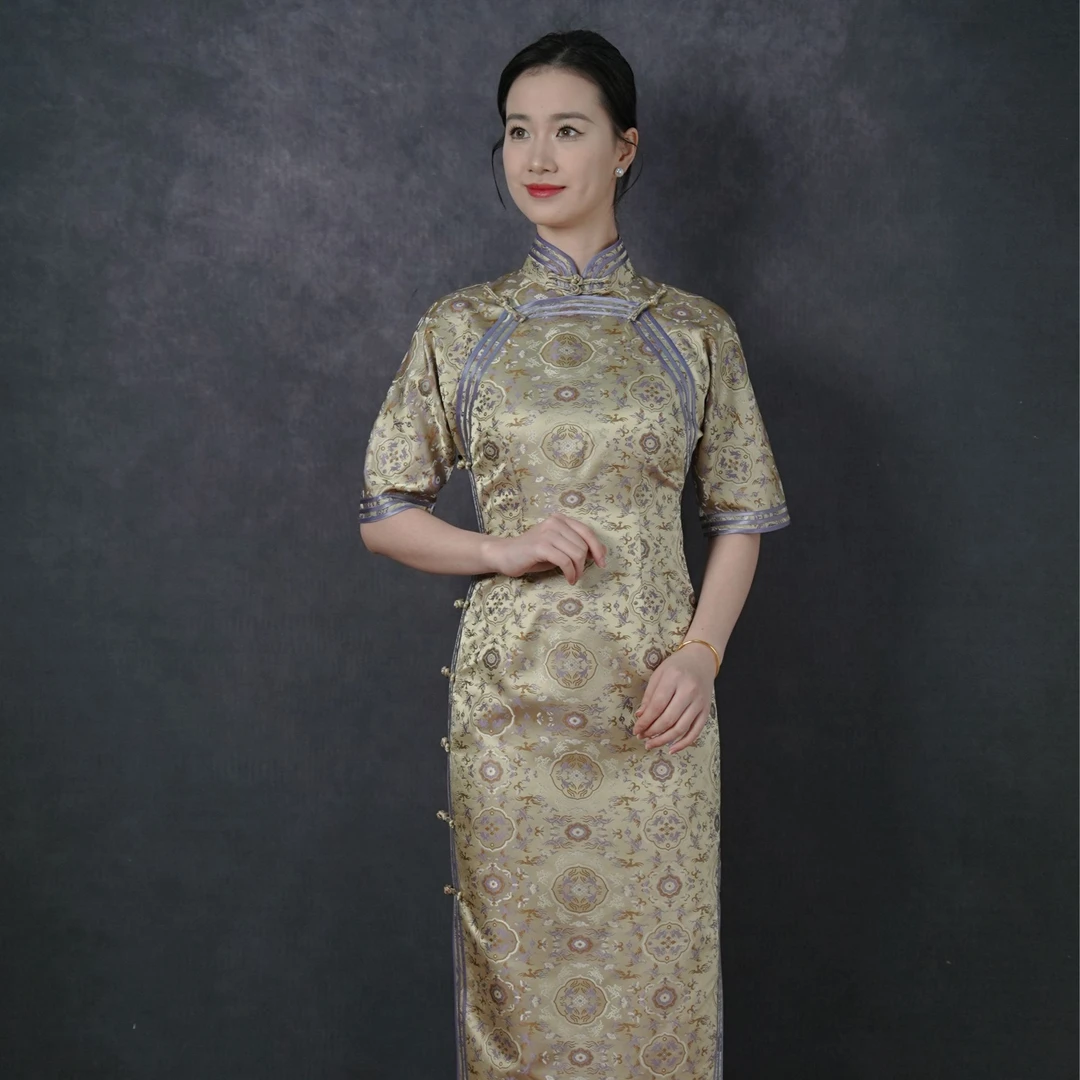 【紫鹤鹿】春夏新款100桑蚕丝宋锦鹤鹿同春老纹样三包边全开襟旗袍