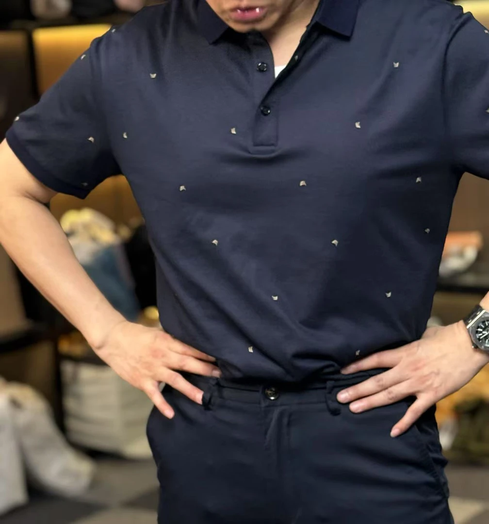 29680-波点纽扣四条痕印花polo满印短袖