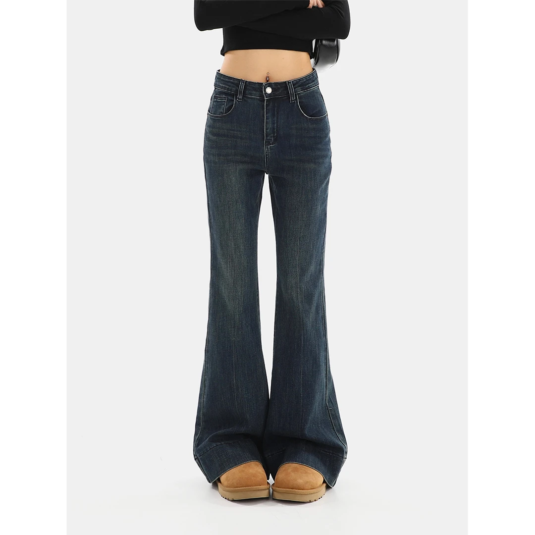 美式复古高腰微喇牛仔裤女秋季新款修身显瘦弹力直筒喇叭马蹄裤子