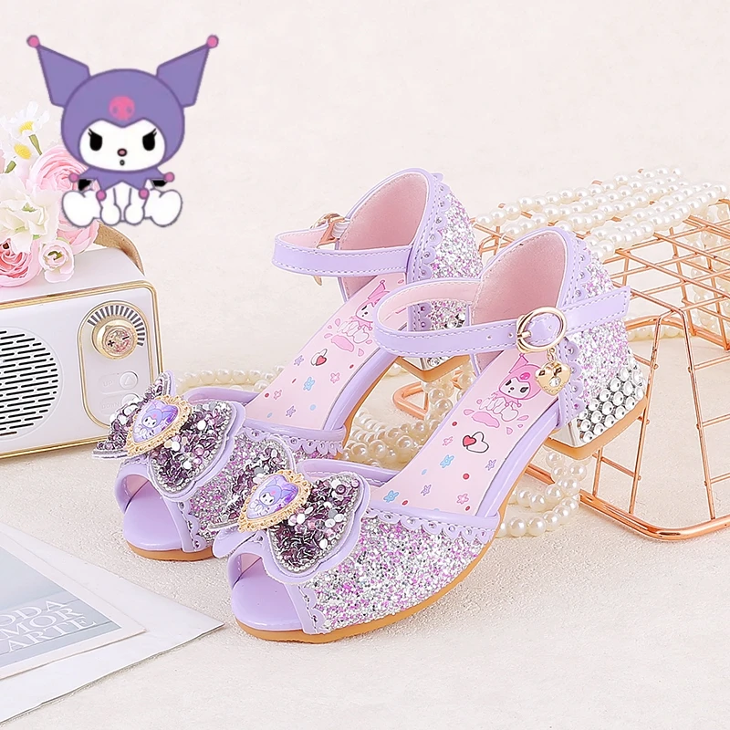 猫尔港紫色库洛米女童高跟公主鞋儿童夏季软底鱼嘴凉鞋小女孩皮鞋