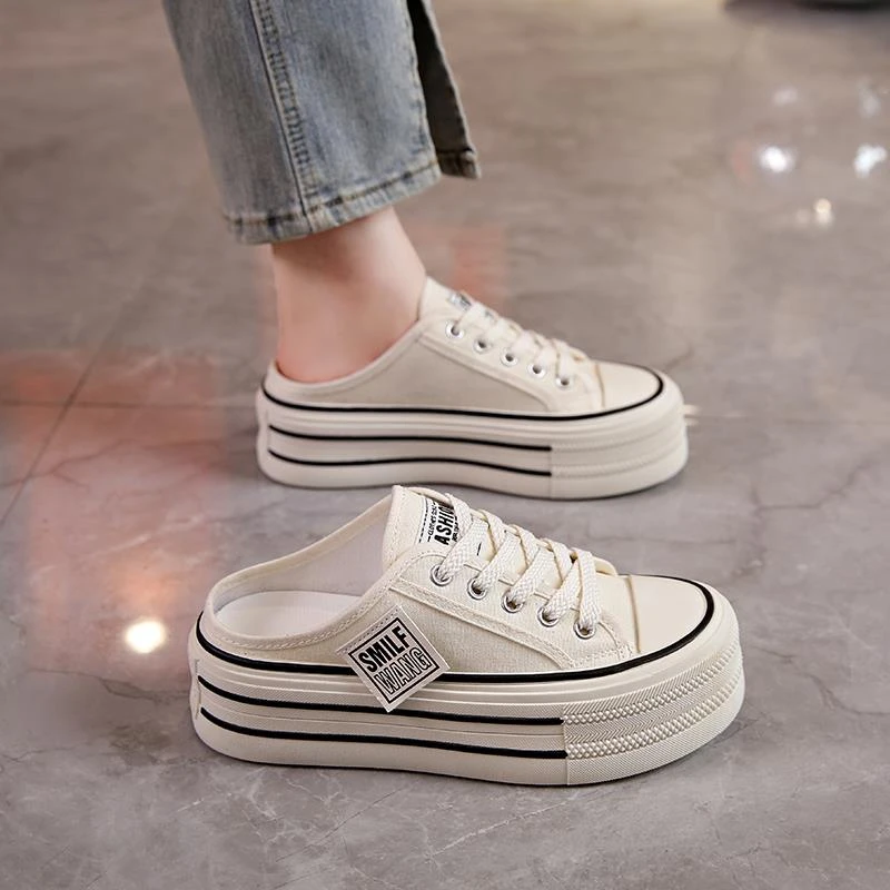 帆布半拖鞋女夏季外穿2025新款网红爆款高级感厚底增高无后跟懒人