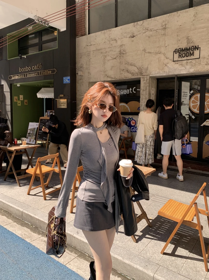 【芝士Cheese】法式恋人 修身纯欲长袖灰色外搭百搭针织衫