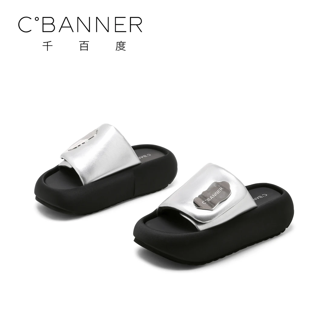 C.BANNER/千百度厚底拖鞋女2025夏季新款百搭踩屎感魔术贴凉拖鞋