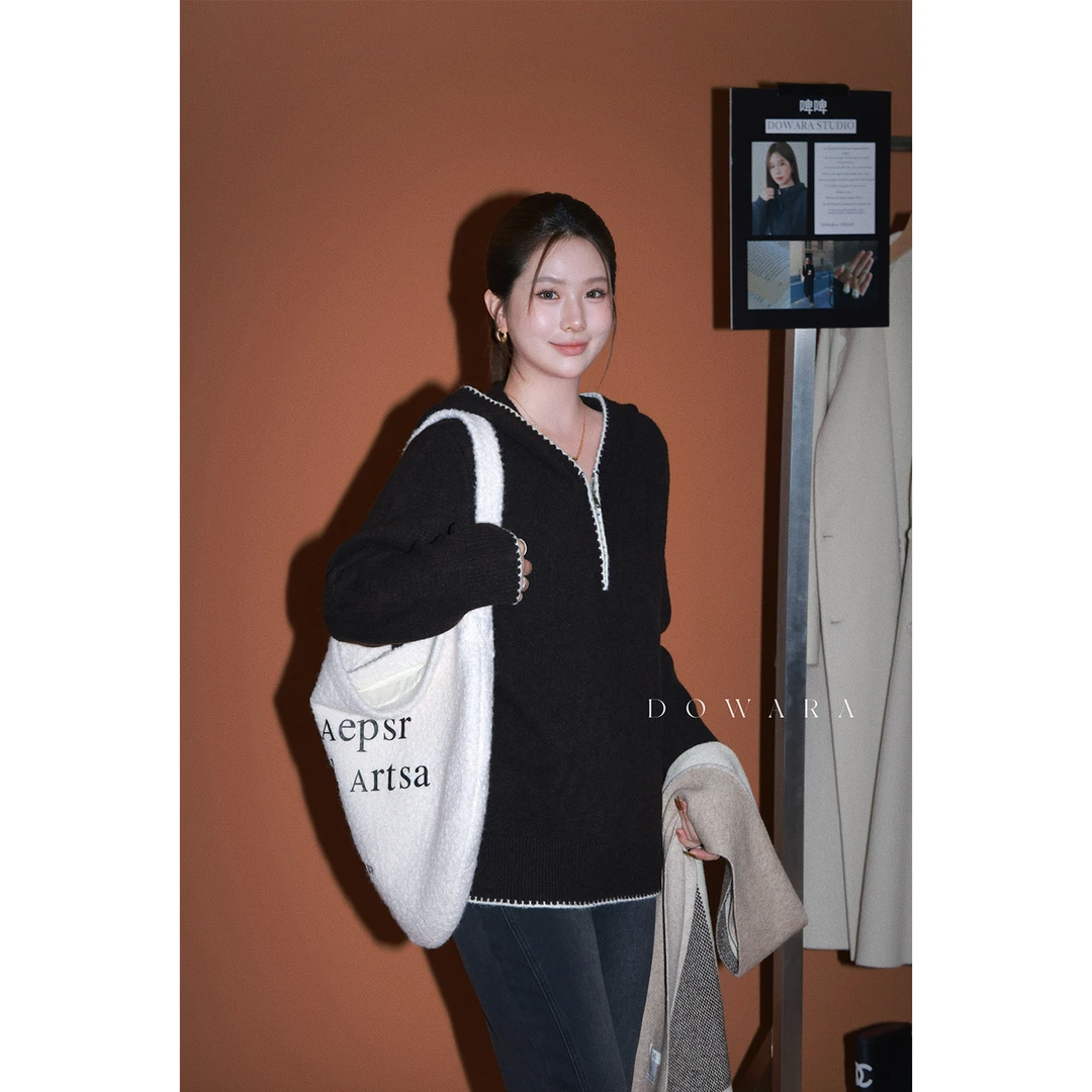 现货大婉酱微胖定制【织间甜酷】绵羊毛连帽冬季百搭毛织上衣 1177D