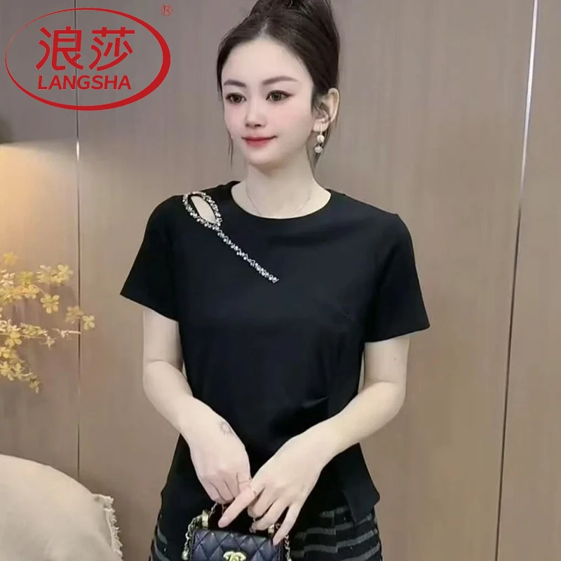 浪莎女士显瘦黑色T恤修身气质时尚休闲百搭夏季圆领潮流露肩上衣