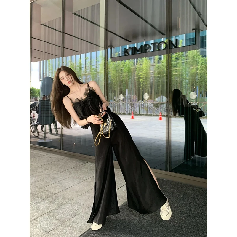 2025夏季新款纯欲立体刺绣勾花蕾丝性感吊带背心高腰休闲阔腿裤女