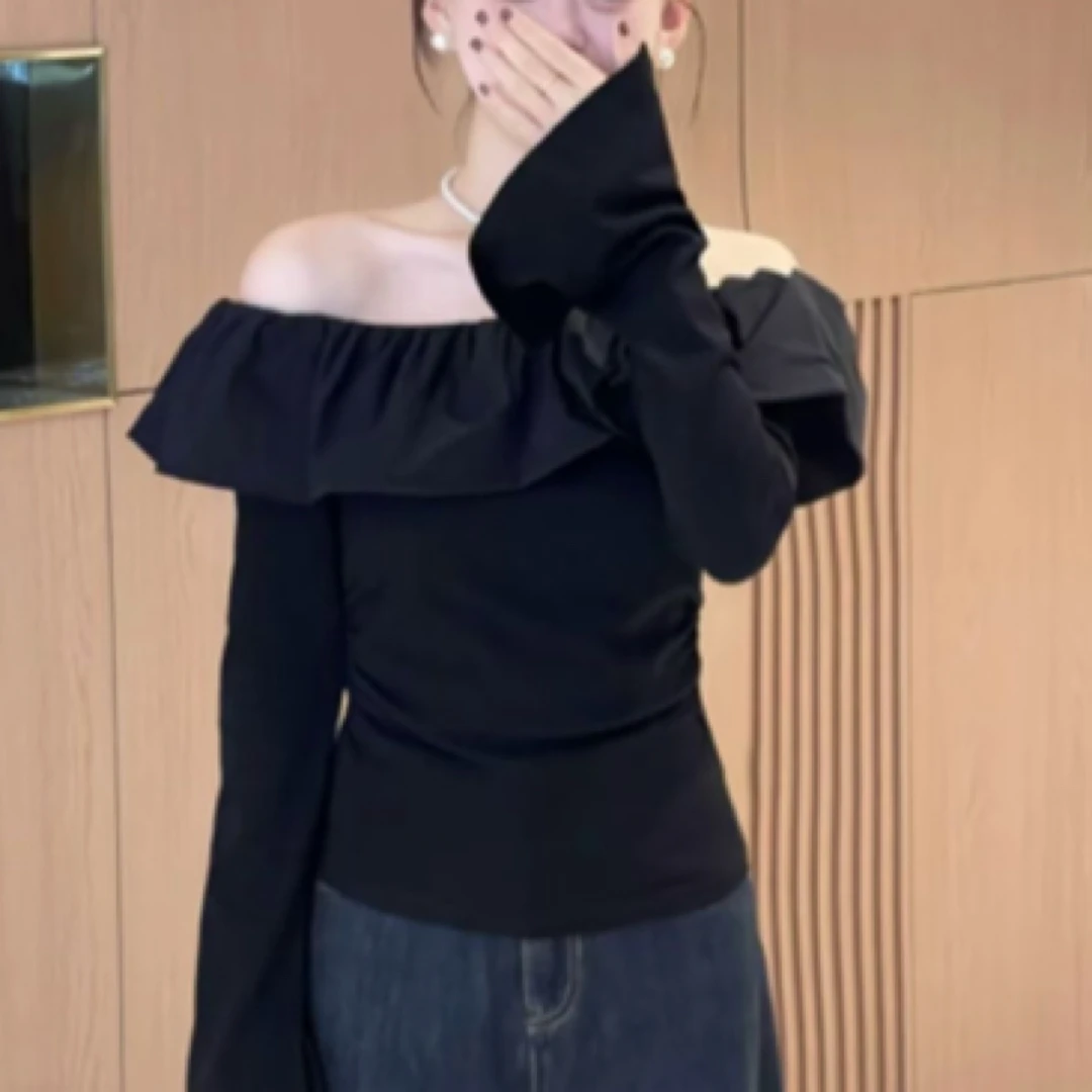 2025早秋新款韩系荷叶边一字肩修身显瘦喇叭袖长袖上衣小衫