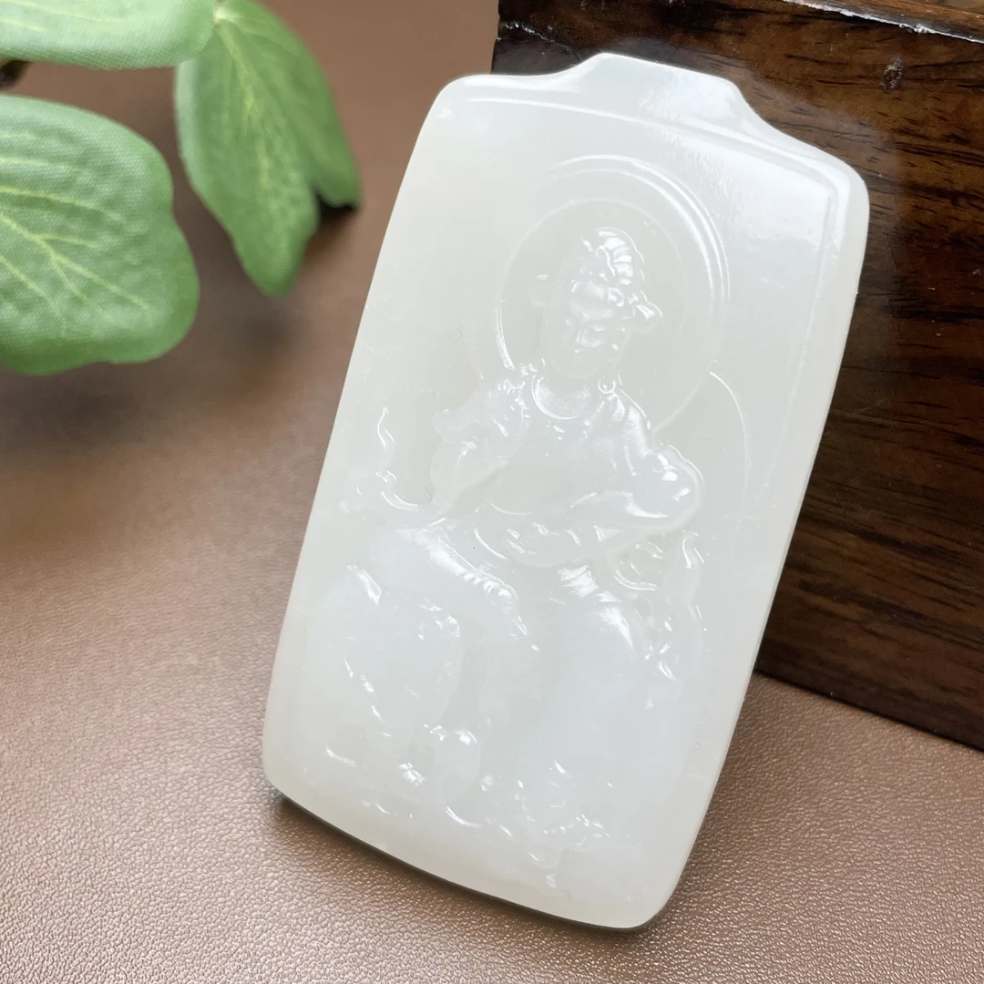 新疆和田玉文殊观音菩萨 满背洒金皮独籽吊坠挂件 羊脂白玉
