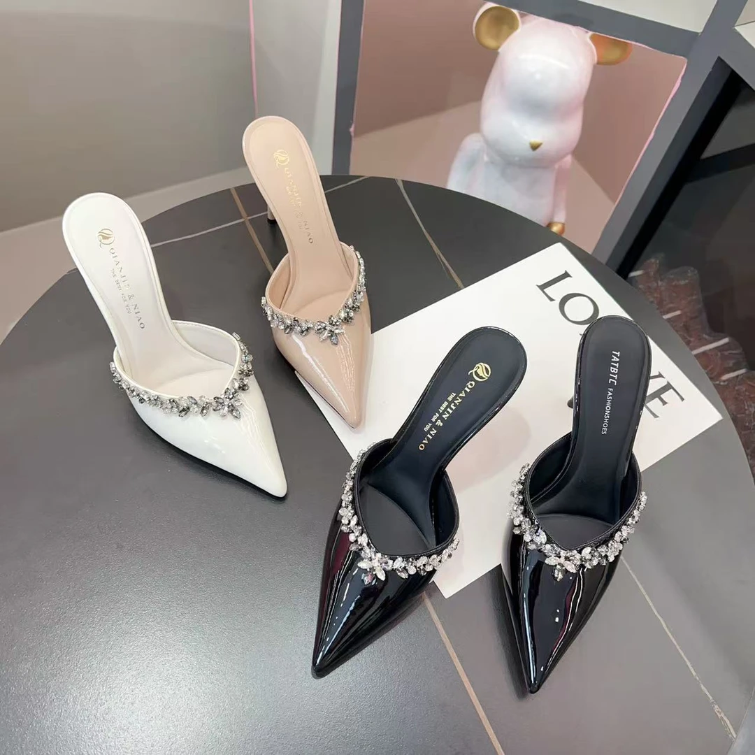 尖头高跟拖鞋水钻设计包头半拖外穿气质女鞋2025夏季新款063376-9