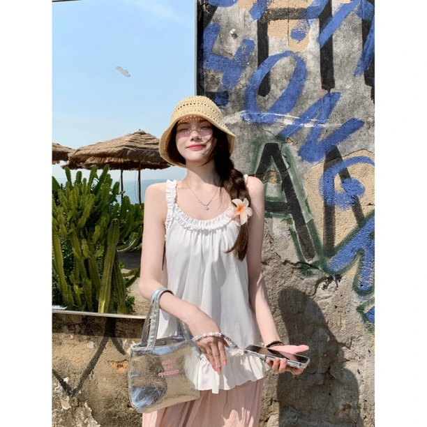 【叠穿神器】纯欲风木耳花边抽褶宽松无袖吊带