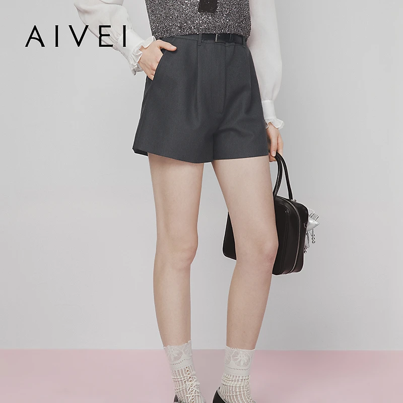 AIVEI欣贺艾薇2025春季高腰A字显瘦百搭气质阔腿休闲短裤S715904B