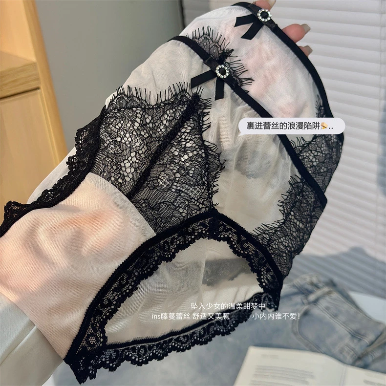 一见倾心~法式性感缎面纯欲蕾丝内裤女士少女中腰棉质裆三角裤