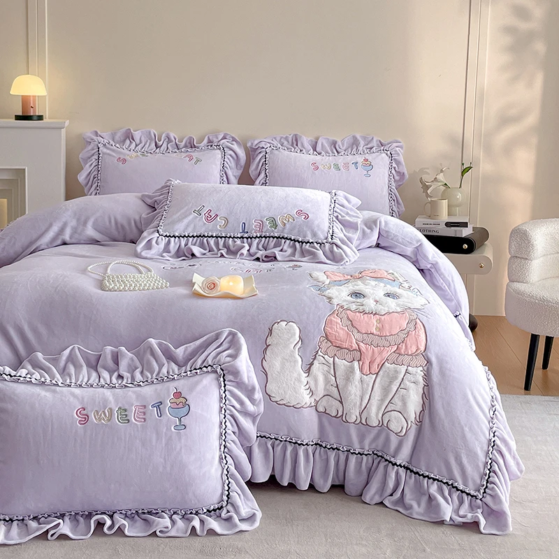 韩版公主风花边牛奶绒四件套冬季保暖双面绒绣花被套床单卧室床品