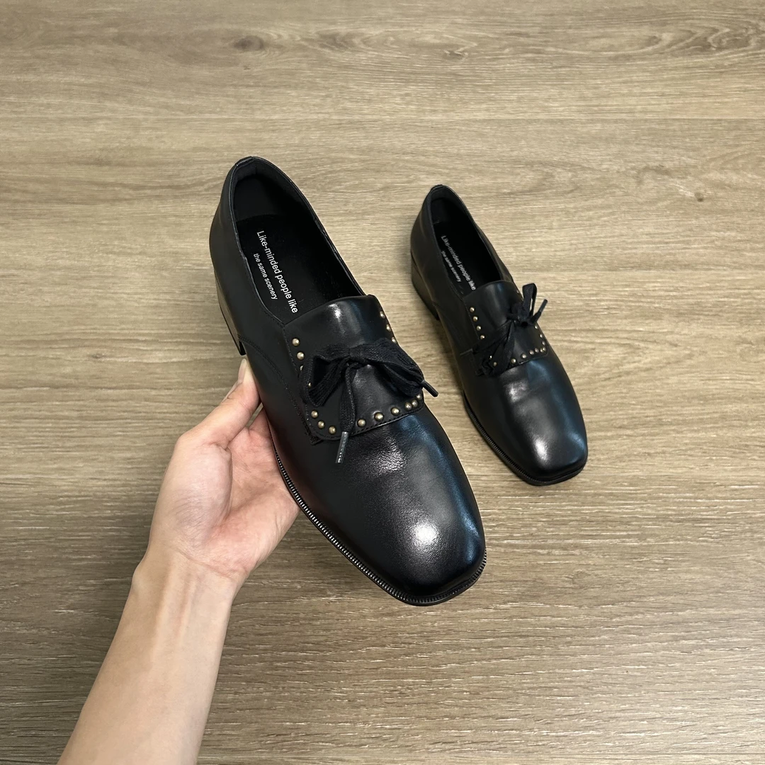 Dannyfrey复古头层水洗小牛皮圆头铆钉深口鞋一脚蹬鞋英伦乐福鞋