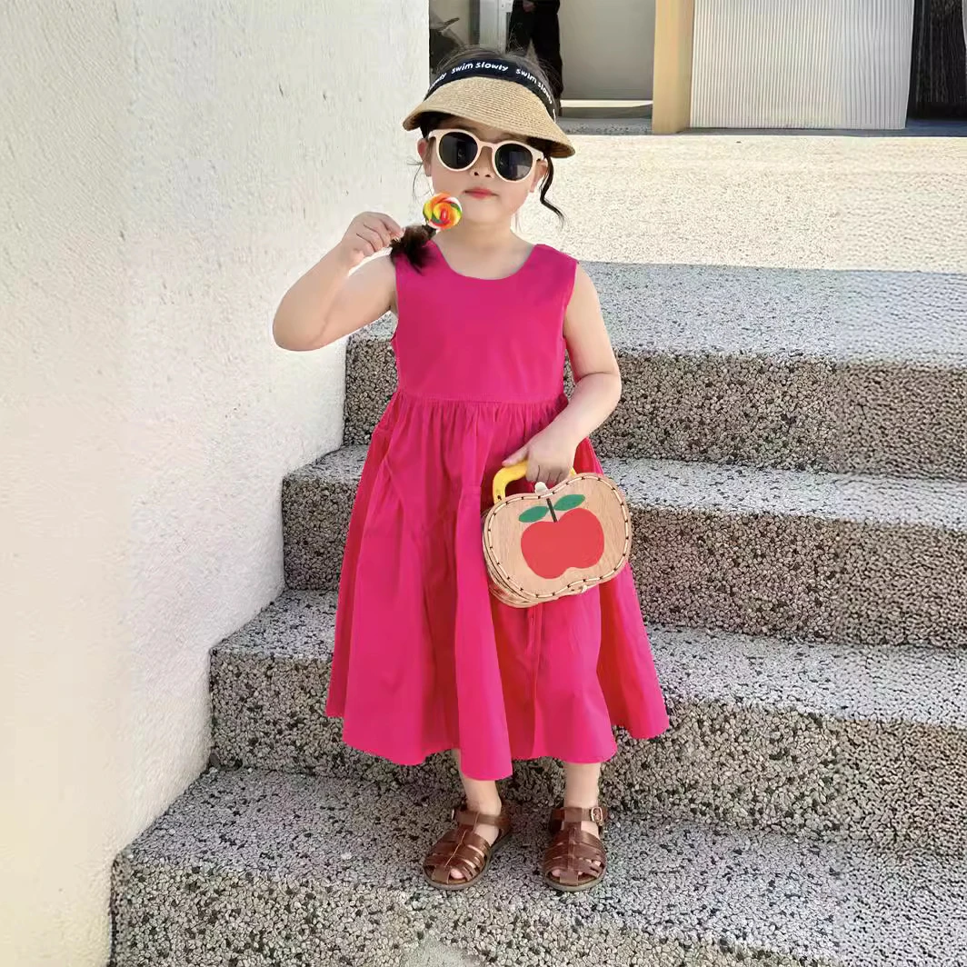 女童连衣裙2025夏季新款韩版童装洋气纯色背心裙休闲火龙果棉布裙