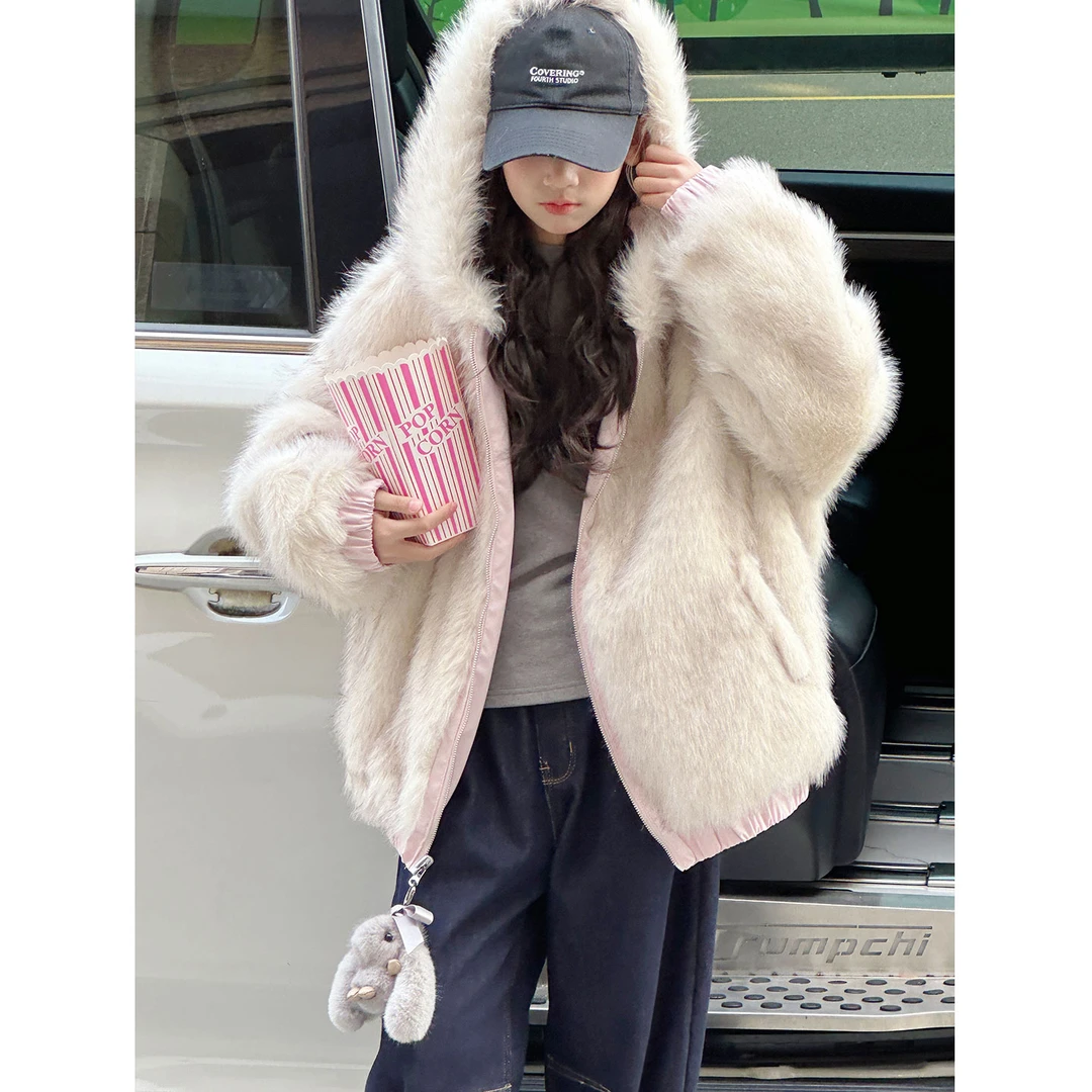 K30404孙小美甜酷风两面穿女童毛绒外套儿童秋冬装新款2025加厚潮