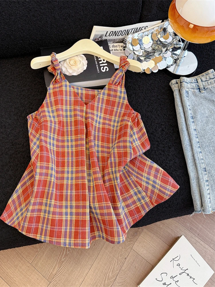 韩系扭结设计感格子吊带背心女夏季2025泰式独特宽松无袖绝美上衣