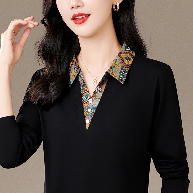 彩羊品牌装翻领长袖套头T恤女2025春秋季新款时尚百搭polo衫上衣