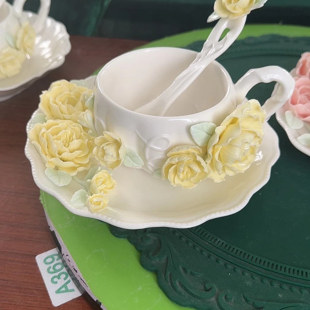 手工捏花牡丹花咖啡杯碟加勺子
