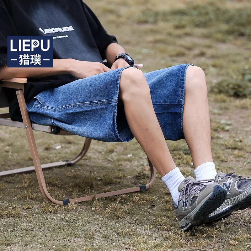 短裤男深蓝色宽松直筒牛仔裤运动中裤夏季薄款潮牌男生牛仔裤