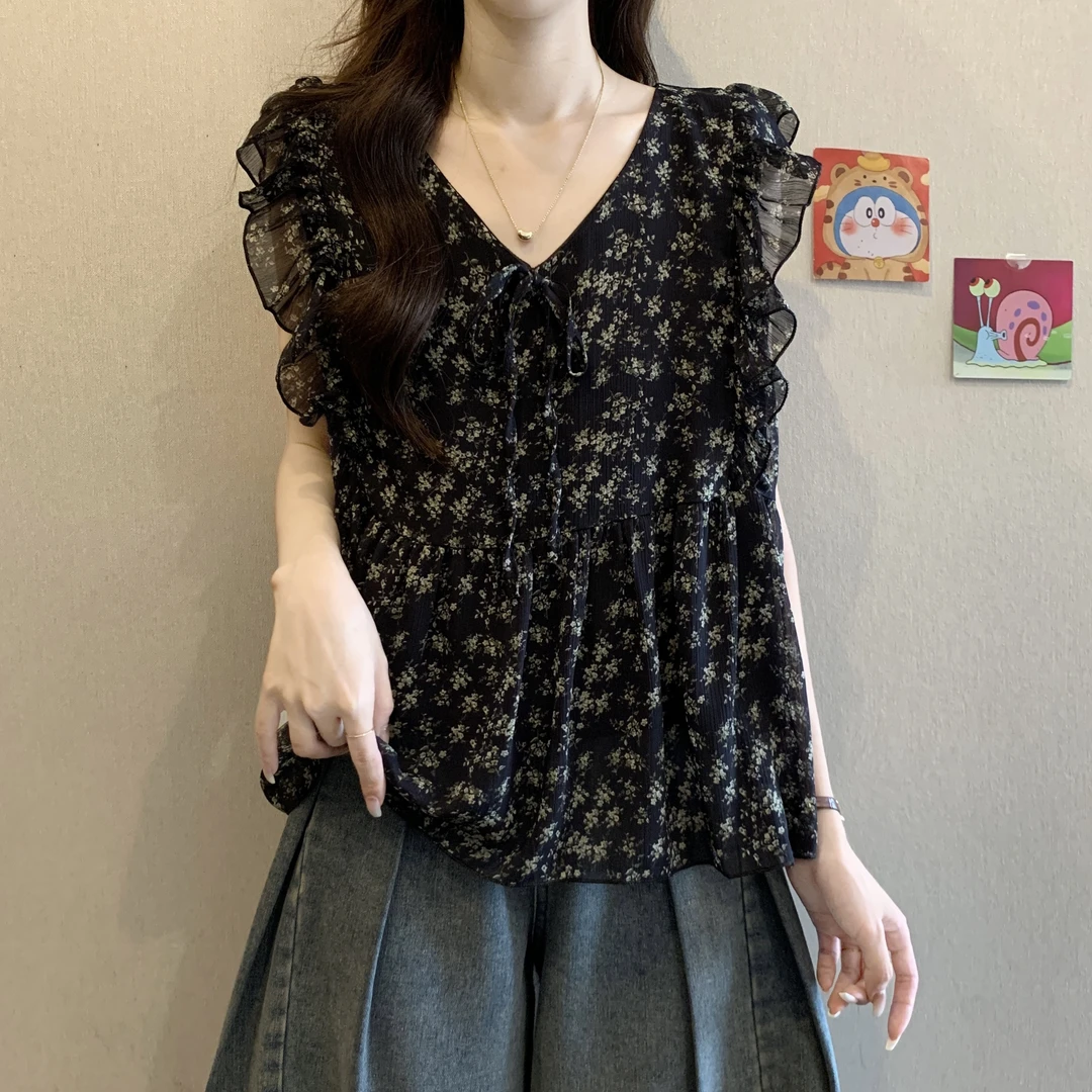 法式洋气小飞袖碎花雪纺衫大码女装胖mm夏季薄款遮肉显瘦衬衫上衣