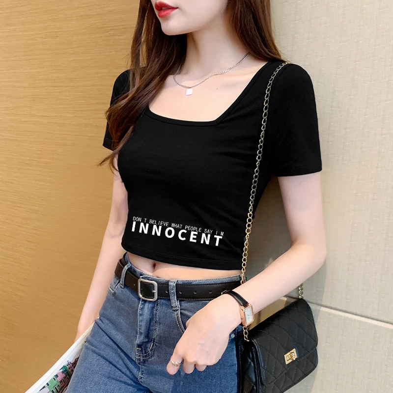 黑色方领t恤女短袖短款2025年新款夏季纯棉修身高腰露脐印花上衣