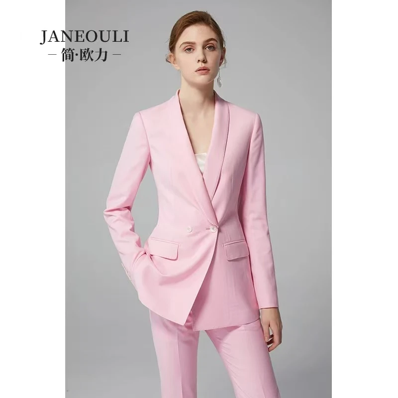 JANEOULI樱花粉气质西装女套装青果领双排扣小脚裤高级感西服