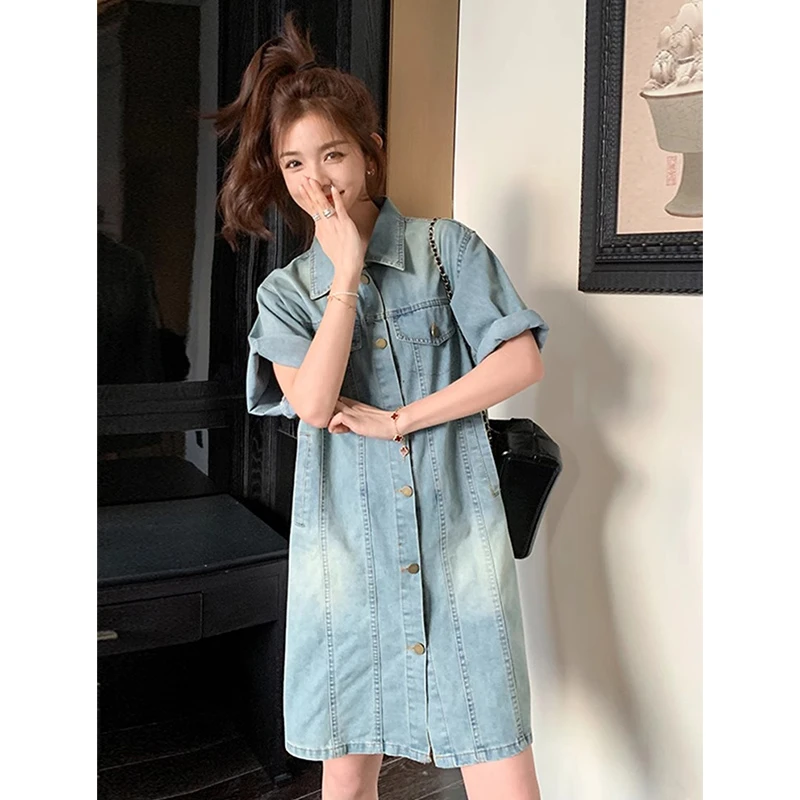 复古牛仔连衣裙女夏季2025新款小个子遮肚子显瘦休闲中长款衬衫裙