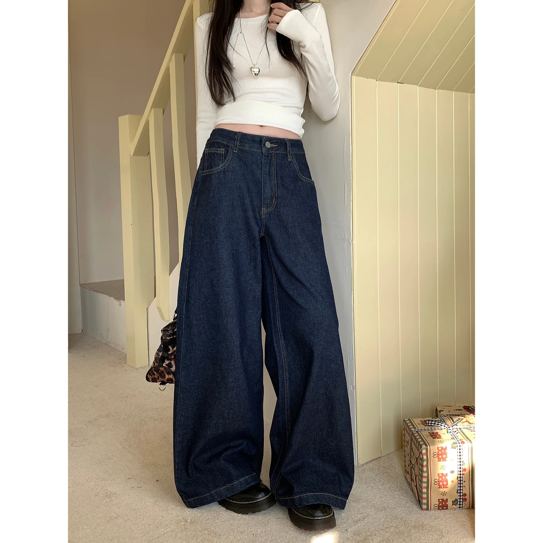 复古水洗裤子牛仔裤宽松阔腿直筒裤女高腰显瘦裤休闲百搭小个子