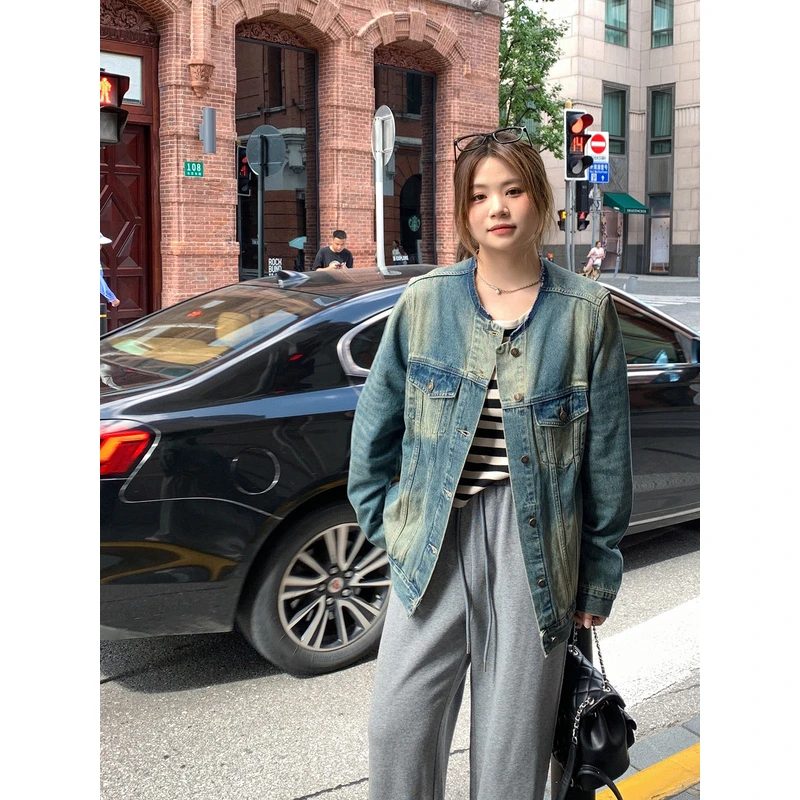 【ALINDM年终大清仓】秋胖mm美式工装夹克200斤宽松牛仔外J0162