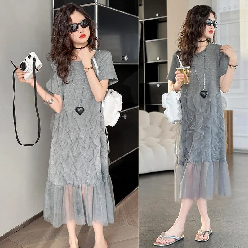 女童网红连衣裙夏装裙子新款韩版大童网纱T恤裙夏季洋气公主裙潮