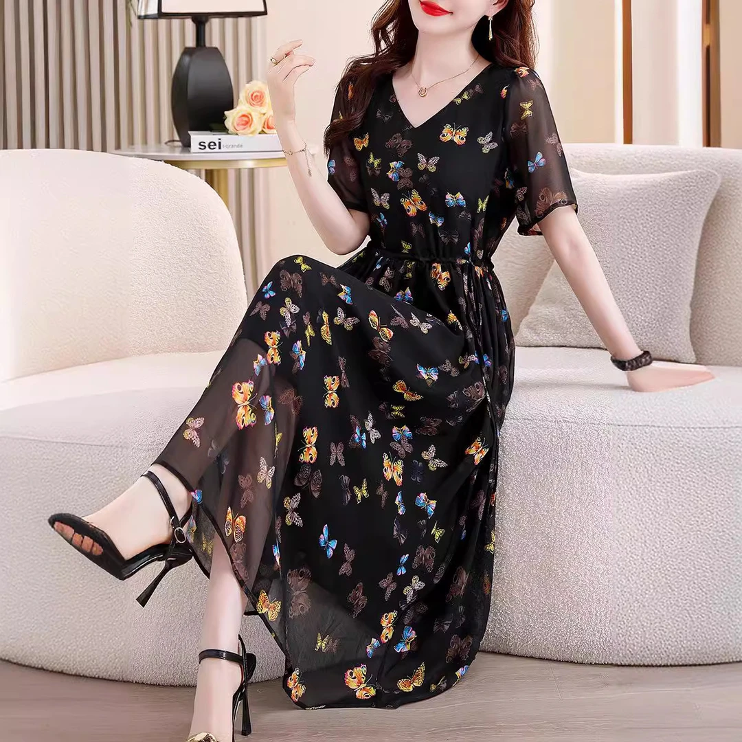 高档真丝提花质感桑蚕丝连衣裙国风新中式裙子春夏装女中长款裙子