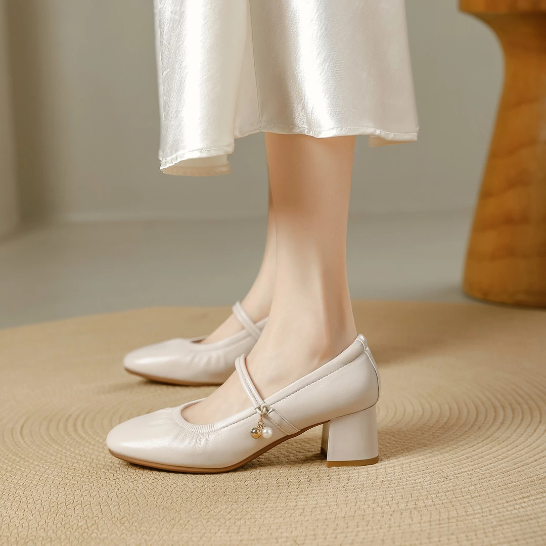 软皮软底气质玛丽珍女鞋2025新款百搭粗高跟单鞋法式浅口女式皮鞋