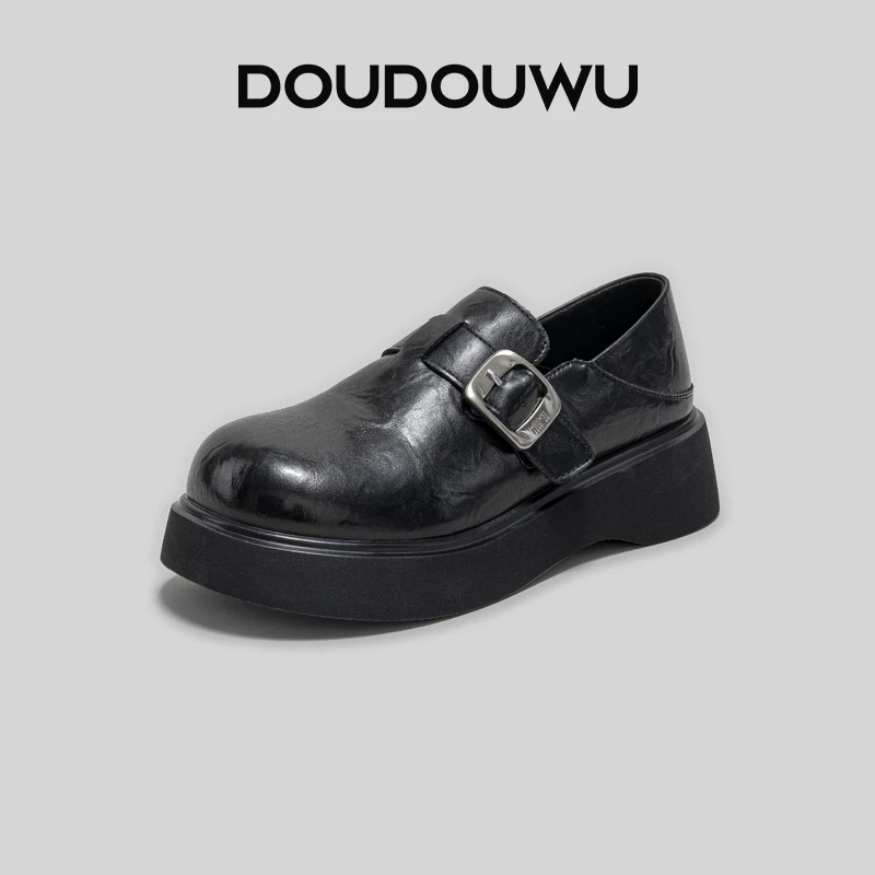 豆豆屋厚底乐福鞋女2025春季新款韩版潮休闲一脚蹬黑色百搭女单鞋