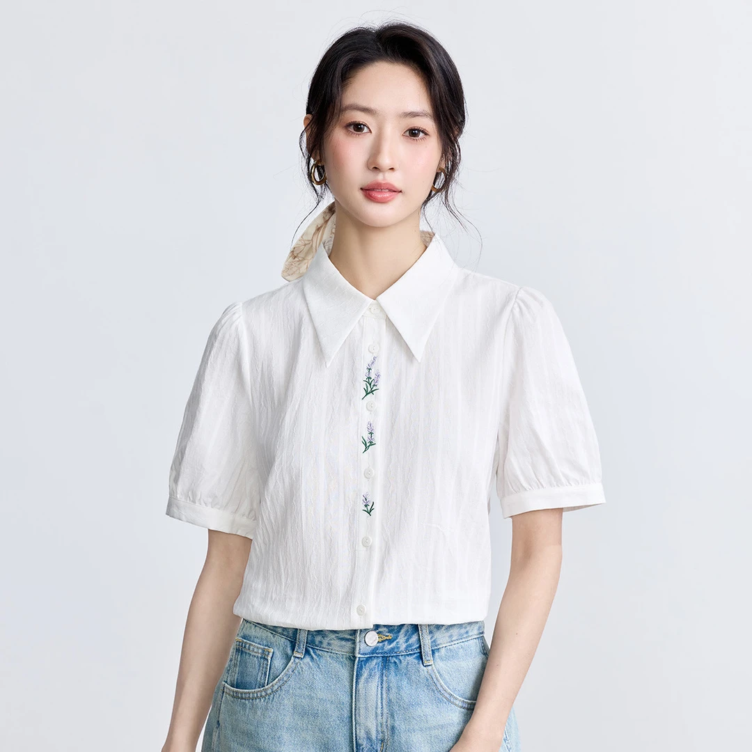 100%棉茵曼夏季新款白色舒适休闲简约纯色刺绣肌理感百搭短袖衬衫